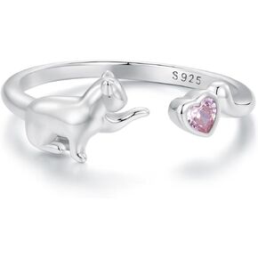 Cute Cat Love Heart Open Statement Ring 925 Sterling Silver Crystal Cubic Zirconia Kitten Animal Pet Hearts Ajustable Stacking Ring Promise Wedding Finger Bands for Women Daughter Dainty Christmas Birthday Jewelry Gifts Valentine's Day
