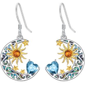 AOBOCO Heart Birthstone Earrings Sterling Silver Sun and Moon Dangle Drop Earrings for Women Mom