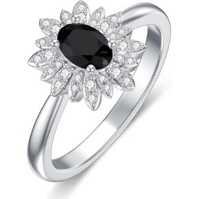 Black Onyx Halo Ring 925 Sterling Silver 7X5mm Oval Shaped Black Onyx Engagement Rings for Women