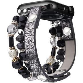 V-MORO Beaded Bracelet Compatible with Apple Watch Band 40mm/38mm/41mm Series Series 9 8 7 6 5 4 SE Women Dressy Elastic Leather Watch Strap iWatch Bands Series 3/2/1 Replacement(Khaki)