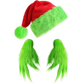 Christmas Hat with Green Furry Hand Gloves Adult Monster Cosplay Costume Accessories