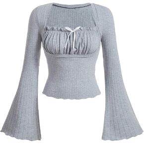 SKAYS Bell Sleeve Tops for Women, Long Sleeve Bell Sleeve Top, Square Neck Bow Tie Shirt Trumpet Sleeve Top