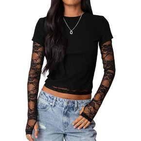 Cioatin Women Y2K Sheer Lace Patchwork Long Sleeve Crop Tops Crewneck Slim Fit Tee Coquette Girls Tshirt Going Out
