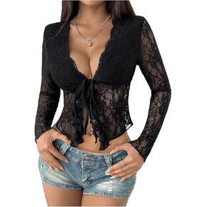 SHENHE Women's Sexy Open Front Tie Lace Long Sleeve Top Deep V Neck Sheer Y2k Top Shirt