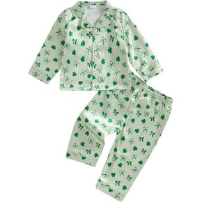 Toddler Boy Girl St Patricks Day Pajamas Set Cute Button Down Shamrock Print Shirt Long Pants Kids Sleepwear