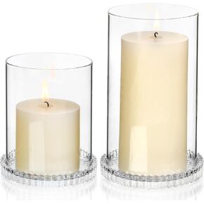 Vixdonos Hurricane Glass Candle Holders Set Pack 2 Serrated Round Candle Stand for Pillar Candles Modern CandleHolders with 5.1" 7.1" Tall Cylinder Chimney Cover for Outdoor Wedding Decor