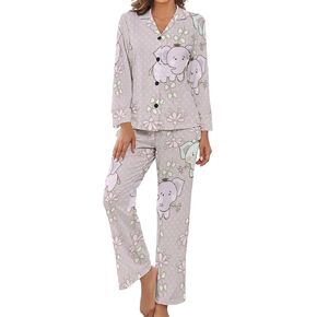 Elephants And Flowers,Women's Long Sleeve Sleepwear Pjs Set Nightwear_M