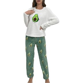 SOLY HUX Women's Cute Pajama Set Cartoon Graphic Fleece Long Sleeve Sleepwear Tee and Pants Loungewear