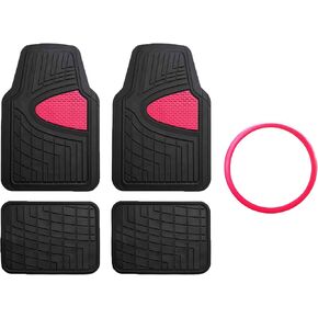 FH GROUP Car Seat Covers Premium Tall Channel Rubber Trimmable Floor Mats w. FH3001 Snake Pattern Silicone Steering Wheel Cover- Universal Fit for Trucks, SUVs, and Vans (Red/Black) F11311