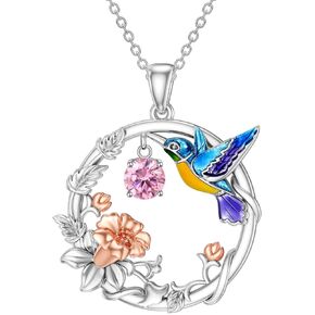 LONAGO Hummingbird Necklace Sterling Silver Hummingbird Pendant Necklaces with Synthetic Birthstone Hummingbird Jewelry Gift for Women