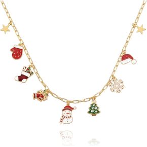 Christmas Charm Necklace for Women Dainty Christmas Xmas Gold Paper Clip Necklace Snowman Santa Snowflake Elk Bell Gingerbread Man Charm Necklace Christmas Accessorie Jewelry