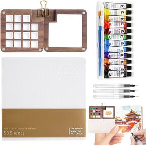 Mini Portable Watercolor Palette Set 7PCS Travel Wooden Watercolor Kit with 3 Brushes, 12 Colors, Wooden Color Palette Box, Clip & Painting Book, Watercolor Paint Set for Beginners & Professional
