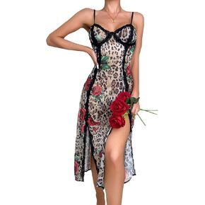 WDIRARA Women's Floral Leopard Print Lace Trim Sleeveless Split Thigh Cami Dress Nightgown