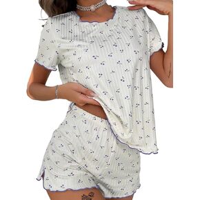 Remidoo Womens Cute Cherry Pajama Set Causal Lettuce Trim Split Hem Loungewear