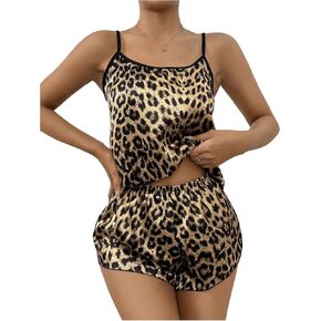 SOLY HUX Pajama Sets for Women 2 Piece Leopard Print Satin Sleepwear Cami Top and Shorts Loungewear