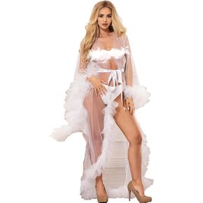 ohyeahlady Women Lingerie Robe Long Sheer Mesh Kimono Robe Nightgown Bridal Robe