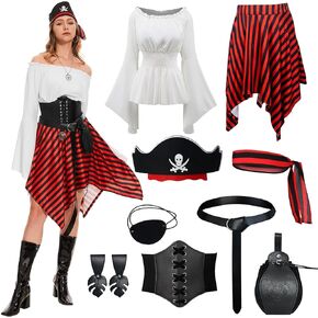 9 Pcs Womens Pirate Costume Renaissance Shirt Dress with Head Scarf Waist Belt Medieval Costume Accessory Sets