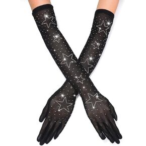 CAKURE Sexy Long Sheer Gloves Black Rhinestone Star Gloves Mesh Tulle Gloves Opera Halloween Party 1920's Dance Gloves