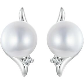 BISAER Sterling Silver Pearl Cubic Zirconia Earrings Studs 18K Gold Plated Flat Back Earrings Hypoallergenic CZ Earrings for Women Gifts for Her