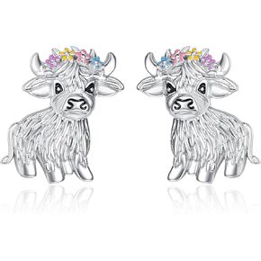 TANGPOET Highland Cow Stud Earrings Jewelry Gifts 925 Sterling Silver Scottish Highland Cow Gifts for Women Young Ladies Birthday Christmas Mothers Day Valentines Day