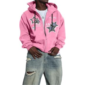 Floerns Men's Star Print Long Sleeve Hooded Sweatshirts Zip Up Street Hoodie Jacket