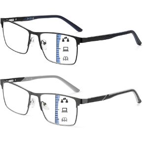 JM Progressive Multifocus Reading Glasses Men, Blue Light Blocking Readers No Line Metal Eyeglasses with Spring Hinge 2 Pack
