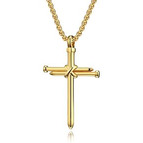 Dreuyet Nail Cross Necklace for Men Stainless Steel Vintage Polished Black Gold Silver Nail Cross Pendant Chain 24 inch Strength Bible Verse Cross Necklace Christian Jesus Jewelry Gifts