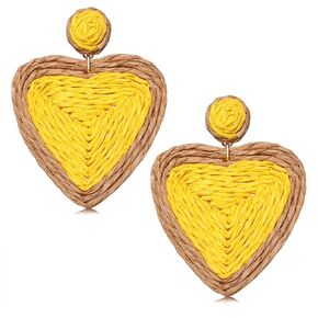 Boho Rattan Earrings for Women Handmade Straw Wicker Braid Heart Drop Dangle Earrings Statement Raffia Weaving Earrings Summer Beach Vacation Accessory Jewelry Gifts