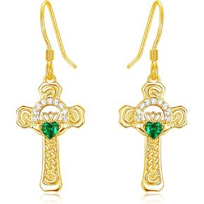 TANGPOET Claddagh Cross Earrings for Women 925 Sterling Silver Celtic Irish Cross Dangle Earrings with Emerald Green Stone Claddagh Jewelry Gifts for Birthday Christmas Valentines Mothers Day