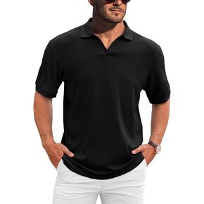 Hodaweislop Men's Knit Polo Shirts V Neck Casual Short Sleeve Classic Fit Ribbed Golf Shirt