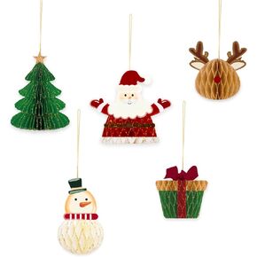 5 PCS Christmas Hanging Decorations, Paper Honeycomb Hanging Ornaments with Santa Claus Christmas Tree Elk Snowman Gift Box Shape for Xmas New Year Hanging Decoration