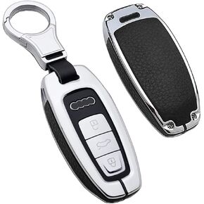 HIBEYO Car Key Case Cover for Audi 2021 2020 A7 A8 A6 A6L Q8 E-Tron Zinc Alloy Leather Holder Protector Remote Control Keyless Keychain Replacement Shell Auto Smart Key Accessories-Black red