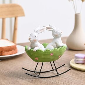 Resin Easter Bunny Decor for Home, 2Pcs White Bunny Figurines in Green Egg Cradle, Cute Rabbit Decor for Spring Table Centerpiece, Decorative Rabbit Statues for Farmhouse Decoration