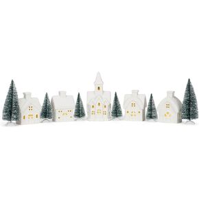 Mark Feldstein & Associates Winter Village with Barn White Unglazed Porcelain Holiday Pre Lit LED Figurines, Set of 11, 5 Inch