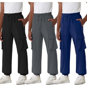 EXARUS 3 Pack Boys Cargo Joggers Pants Lightweight Drawstring Elastic Waist Quick Dry Athletic Hiking 6-14Y