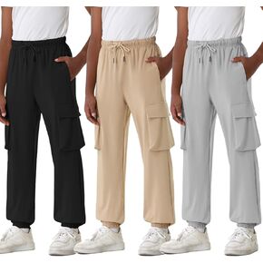 EXARUS 3 Pack Boys Cargo Joggers Pants Lightweight Drawstring Elastic Waist Quick Dry Athletic Hiking 6-14Y in Kuwait