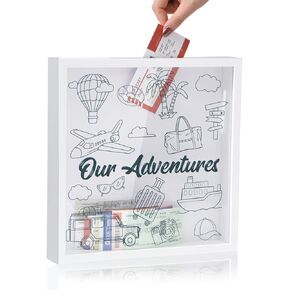 ORIGACH Large Travel Adventure Archive Box with Slot Adventure Fund Shadow Box Display Case for Memories Wooden Memory Box for Keepsake with Ticket Postcard Photo Money (Travel Backgroud, 12x12)
