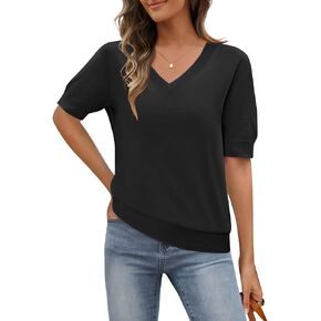 MEROKEETY Women's Summer Short Sleeve Tops Casual V Neck Lightweight Knit Sweater Shirts Blouse