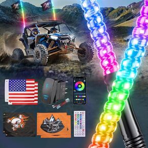 2 Pack 2FT Whip Lights with Spring Base & Rocker Switch，APP & Remote Control Led Whip Lights W/6 Nylon Flags, 366 Modes Spiral RGB Chasing Lighted Whips for UTV ATV RZR SXS Can-Am