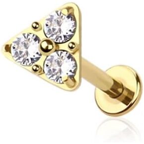 Pierced Owl 18GA Gold Plated ASTM F-136 Implant Grade Titanium Threadless Push-In Triple CZ Crystal Triangle Flat Back Stud