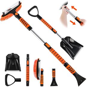 42" Ice Scraper for Car Windshield, 4 in 1 Extendable Snow Shovel Snow Scraper Snow Brush with Foam Grip 180° Pivoting Brush Head for Cars, Trucks, SUVs, Vehicle