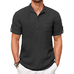 COOFANDY Henley Shirts for Men Short Sleeve Band Collar Casual Shirt Summer Hippie Vacation Beach T Shirts with Pocket