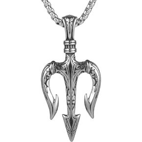 Men's Retro Poseidon Trident Pendant Necklace, 316L Stainless Steel, Silver Stainless Steel Square Pearl Chain, Ancient Greek Mythical Talisman