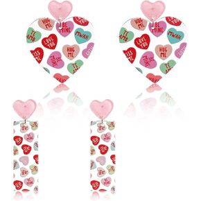 2 Pairs Valentine's Day Earrings 2 Style Love Heart Shaped Earrings Dangle Conversation Message Printed Acrylic Rectangle Drop Earrings Jewelry Gift for Her Girlfriend Party Supplies
