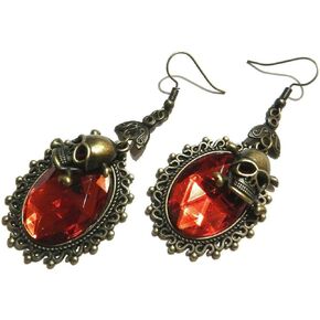 Pirate Queen Bronze & Red Earrings skull & crossbones gothic pendant ear hooks Nickel Free
