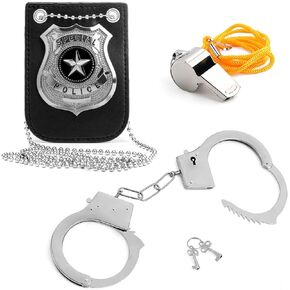 1 Police Badge with 1 Handcuff and 1 Whistle, Halloween Party Souvenir Costume Toy (Gold)