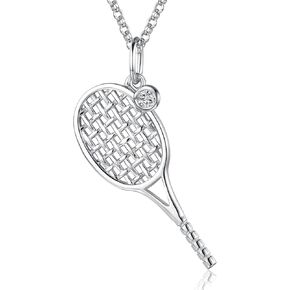 Saida Tennis Racket Necklace for Women - 925 Sterling Silver Tennis Ball Racquet Sport Themed Pendant Jewelry Gift for Tennis Players Lovers Coach, grey