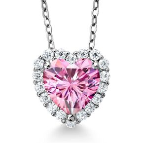Gem Stone King 925 Sterling Silver Pink and White Moissanite Heart Shape Pendant Necklace For Women (1.29 Cttw, Heart 6.5MM, with 18 Inch Chain)