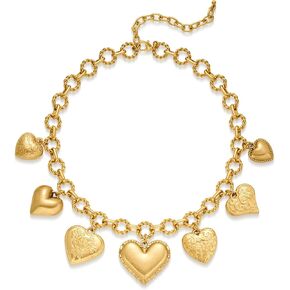Worn Gold Heart Necklaces for Women with Seven Textured Heart Charms Necklace Puffy Heart Necklaces Gold Necklaces For Women Statement Necklace Women Jewelry Gift
