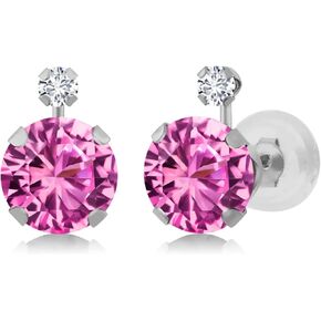 Gem Stone King 14K White Gold Pink Created Sapphire and White Diamond Earrings For Women (2.07 Ct Round 6MM)